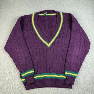 VTG Wool Cable Knit Cricket Sweater Mens Extra Large Tennis V-Neck Jumper Preppy